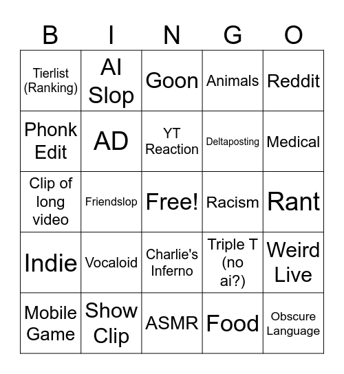Youtube Shorts Bingo Card