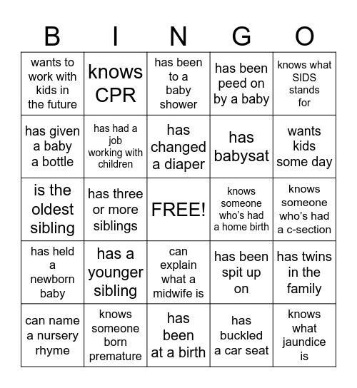 Baby Bingo Card