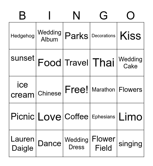 Joelle's  Bridal Shower Bingo Card