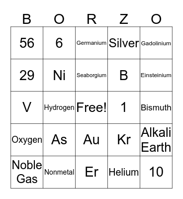 Periodic Table  Bingo Card