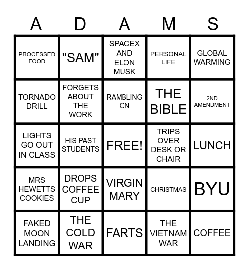 Tom... Adams... Bingo Card