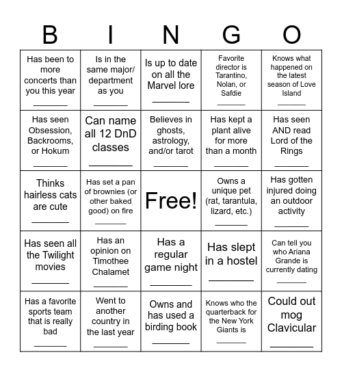 Name: Bingo Card