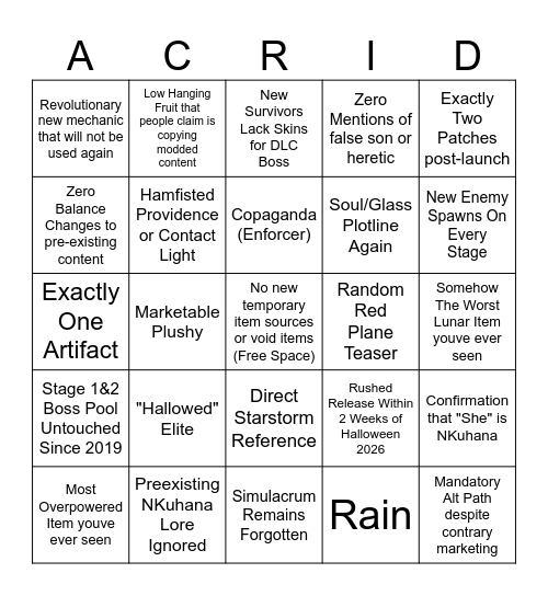 Hallowed Concepts Predictions Bingo Card