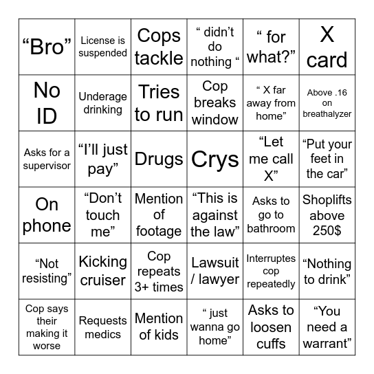 Body Cam Bingo Card