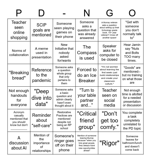 2026-2027 Opening Week Bingo Card