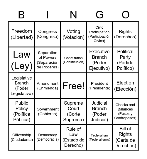 American Government Preview Bingo Card