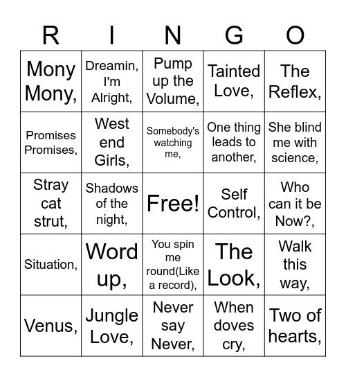 80s Hit Machine Bingo Card