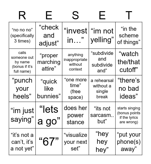 Marching Band Bingo Card