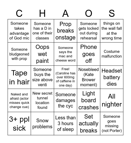 The Play that Goes Wrong Bingo Card
