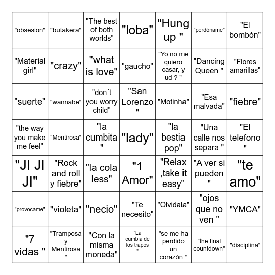 Bingo Musical Bingo Card