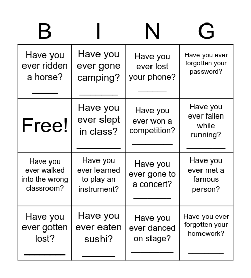 Have you ever....? Bingo Card