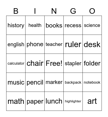 School Bingo Card