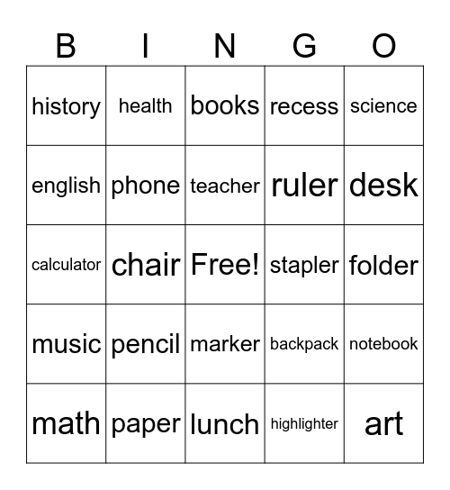 School Bingo Card