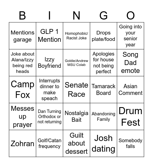 Shabbat Bingo Card