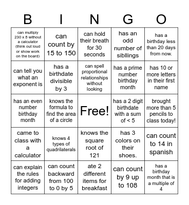 Welcome Back Math Bingo Card