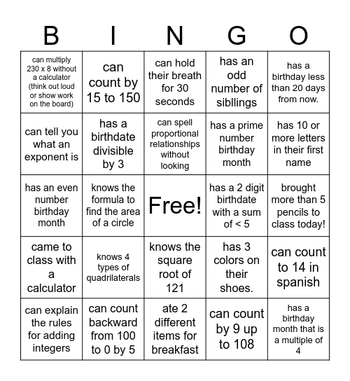 Welcome Back Math Bingo Card