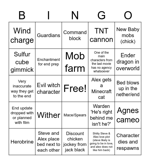 Minecraft Movie 2 Bingo Card