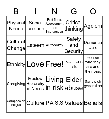 Person Centred Care Bingo Card
