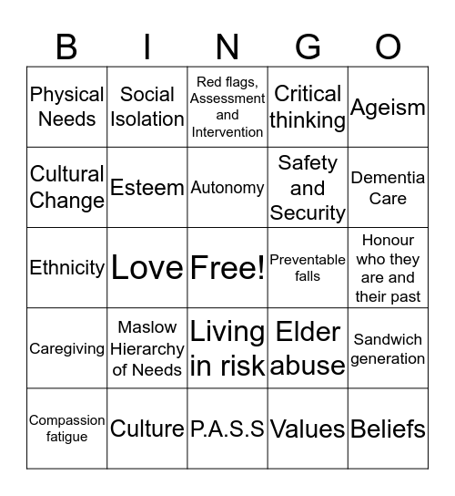 Person Centred Care Bingo Card