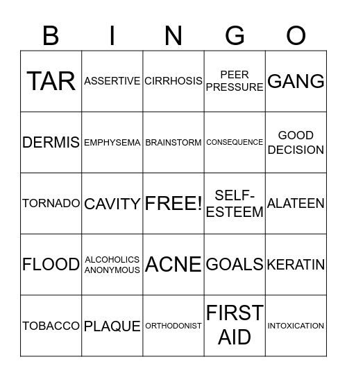 HEALTH Bingo Card