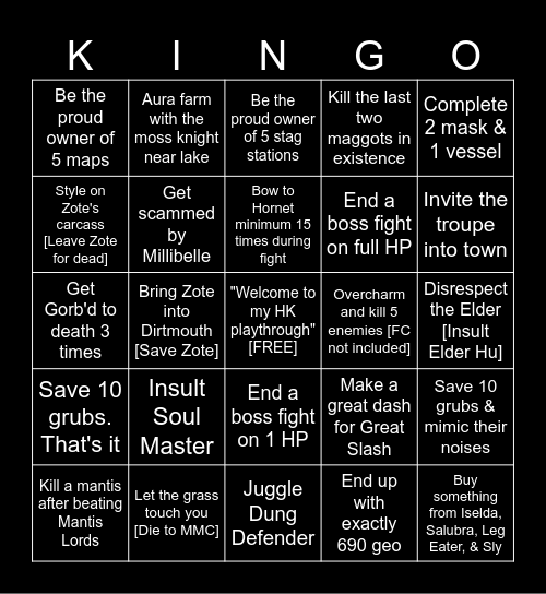 Hollow Knight Bingo Card