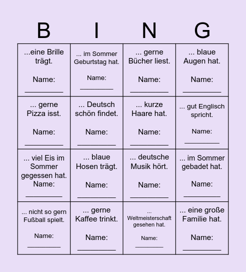 Kennenlern-BINGO Finde eine Person, die ... Bingo Card