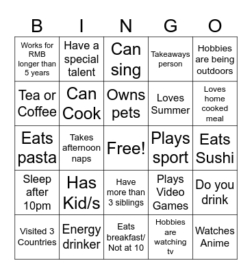Who am I Bingo Card