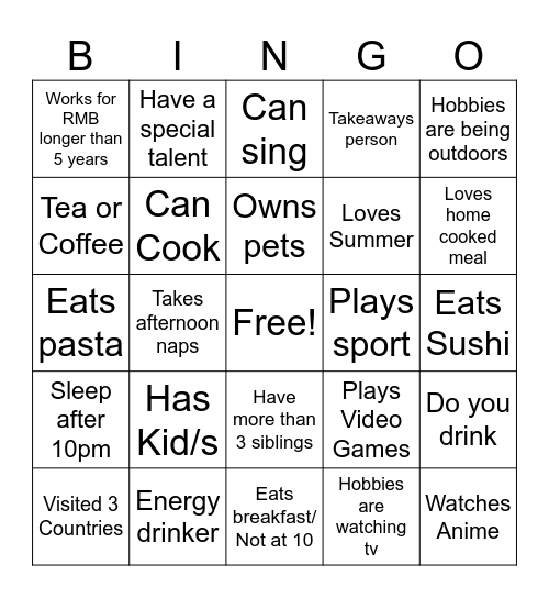 Who am I Bingo Card