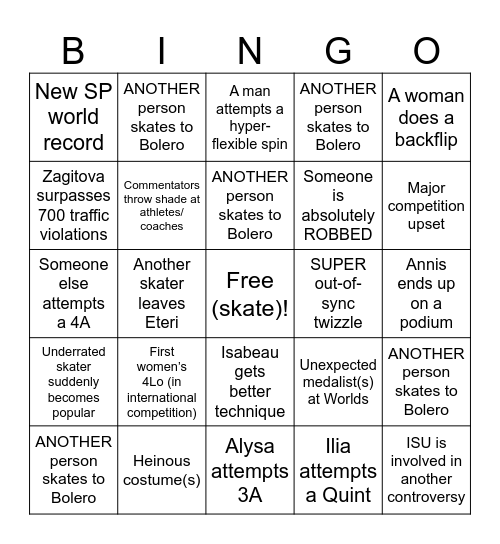 2026-2027 Figure Skating Season Bingo Card
