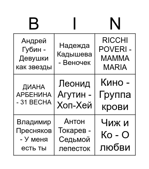 Музыкальное Bingo Card