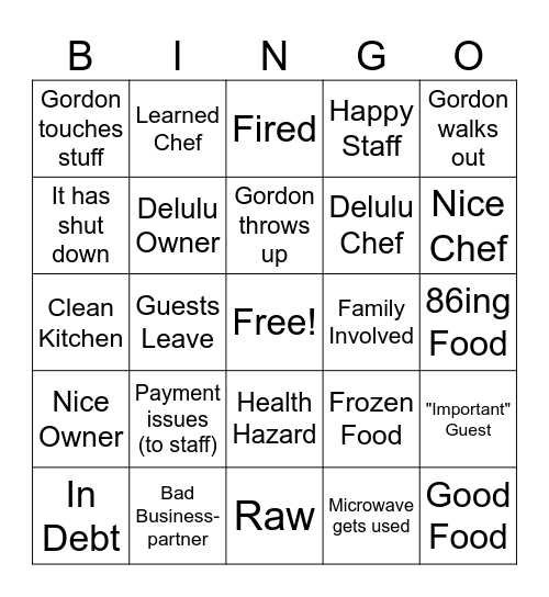 Gordon Bingo Card
