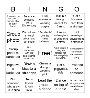 Bachelorette Party Bingo Card
