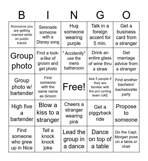 Bachelorette Party Bingo Card