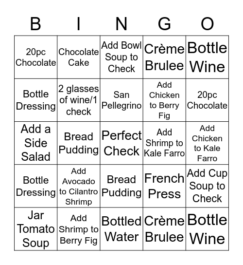 Cafe Bistro Menu Bingo Card