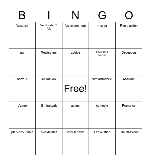 Bingo films Bingo Card