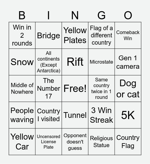 Geoguessr Bingo Card
