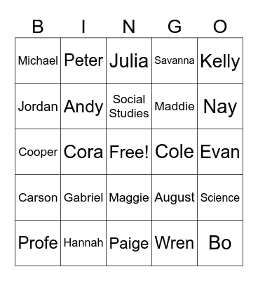 Englehart ~ Homeroom Bingo Card