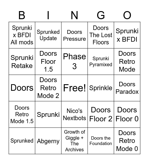 Sprunki Phases Bingo Card
