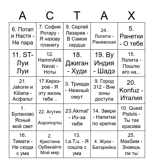 Музлото Bingo Card