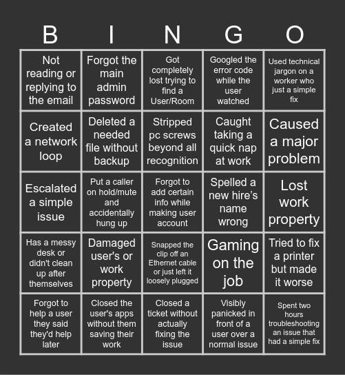 IT Intern Bingo Card