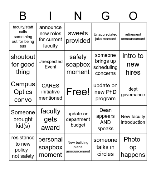 Dept Meeting Bingo Card