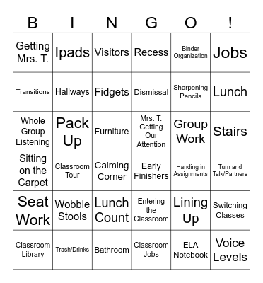 4th Grade Class Procedures Bingo Card