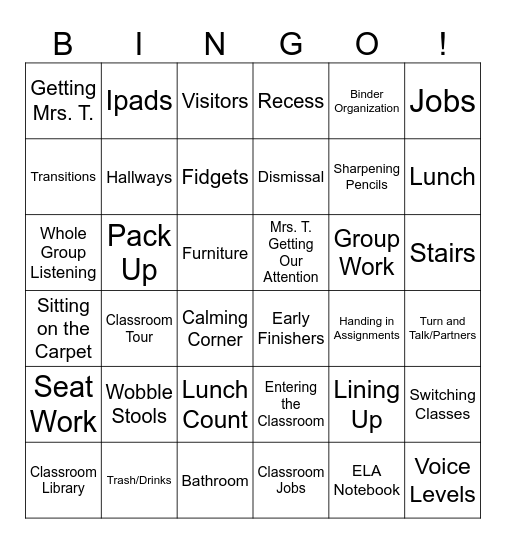 4th Grade Class Procedures Bingo Card