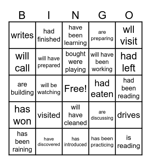Verb Tenses Bingo Card