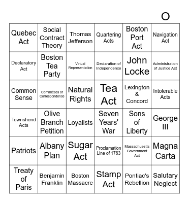 Prelude to Revolution Bingo Card