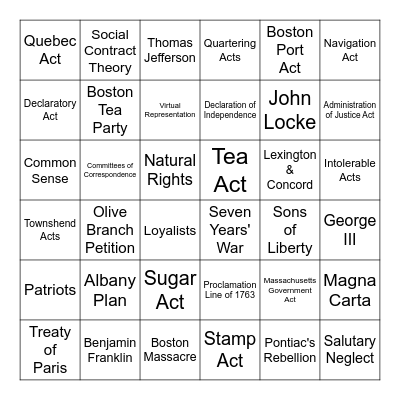 Prelude to Revolution Bingo Card