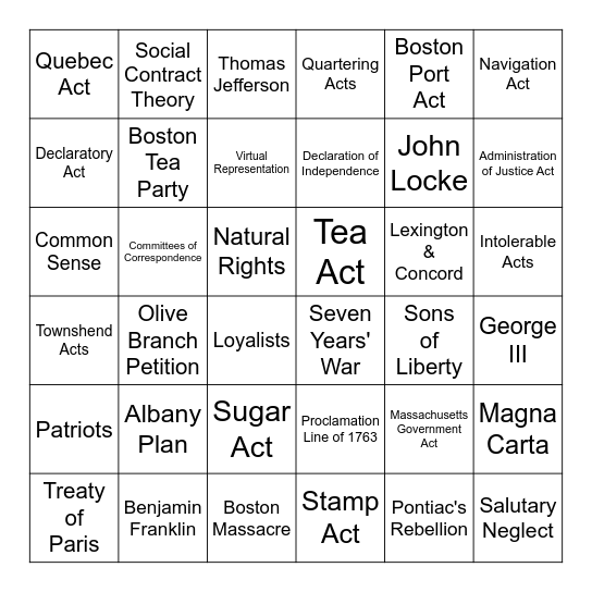 Prelude to Revolution Bingo Card