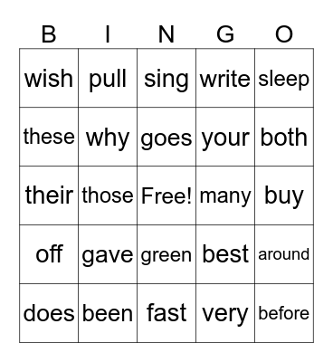 2nd Grade Sight Words Bingo Card