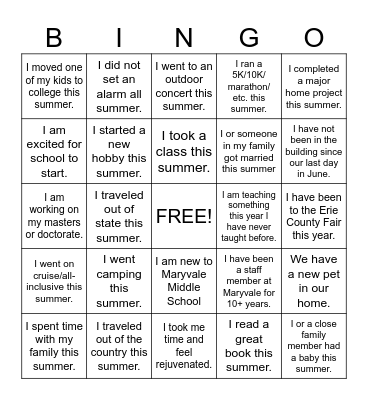 Staff Back to School Bingo Card