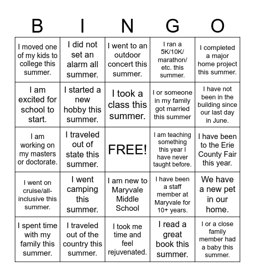 Staff Back to School Bingo Card